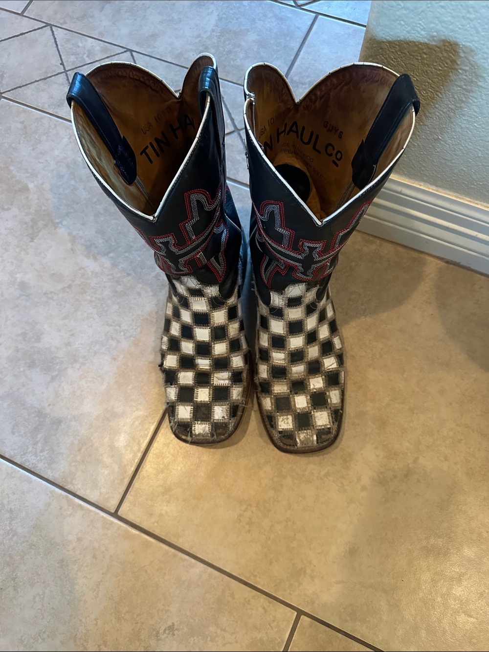 Tin Haul Tan & Black Western Boots with Checker Accents